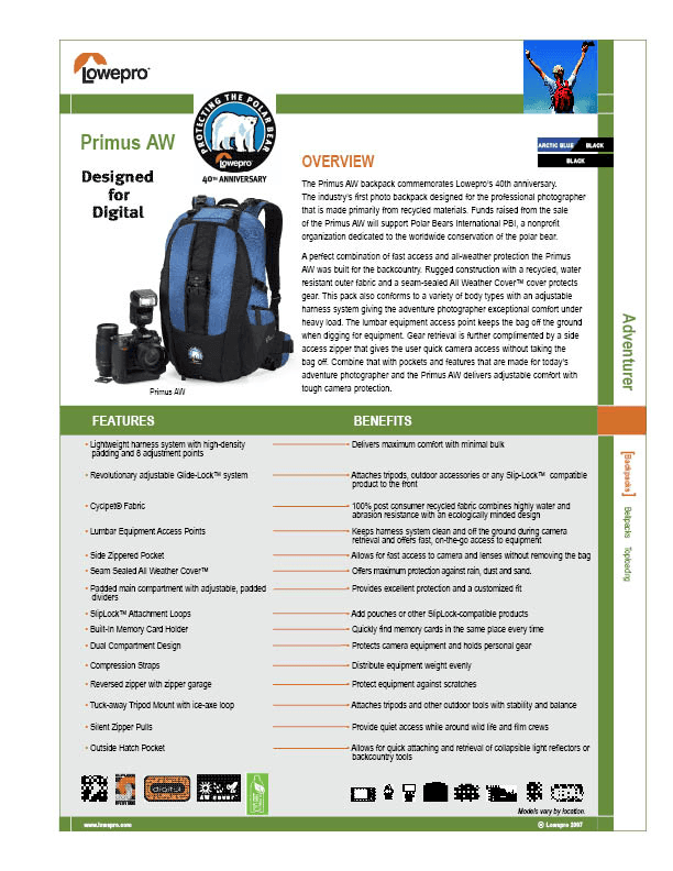 Lowepro Sellsheet Design